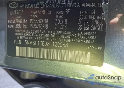 2008 Hyundai Santa Fe Limited/Se z USA, uszkodzony, nr VIN 5NMSH13E98H129588